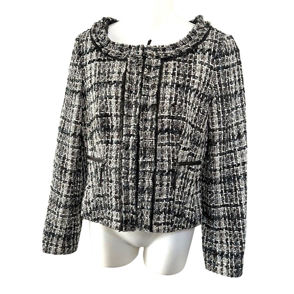 Ann Taylor Tweed Jacket Ladylike Brown Blue Retro Glam sz 2 Collarless‎ Cropped